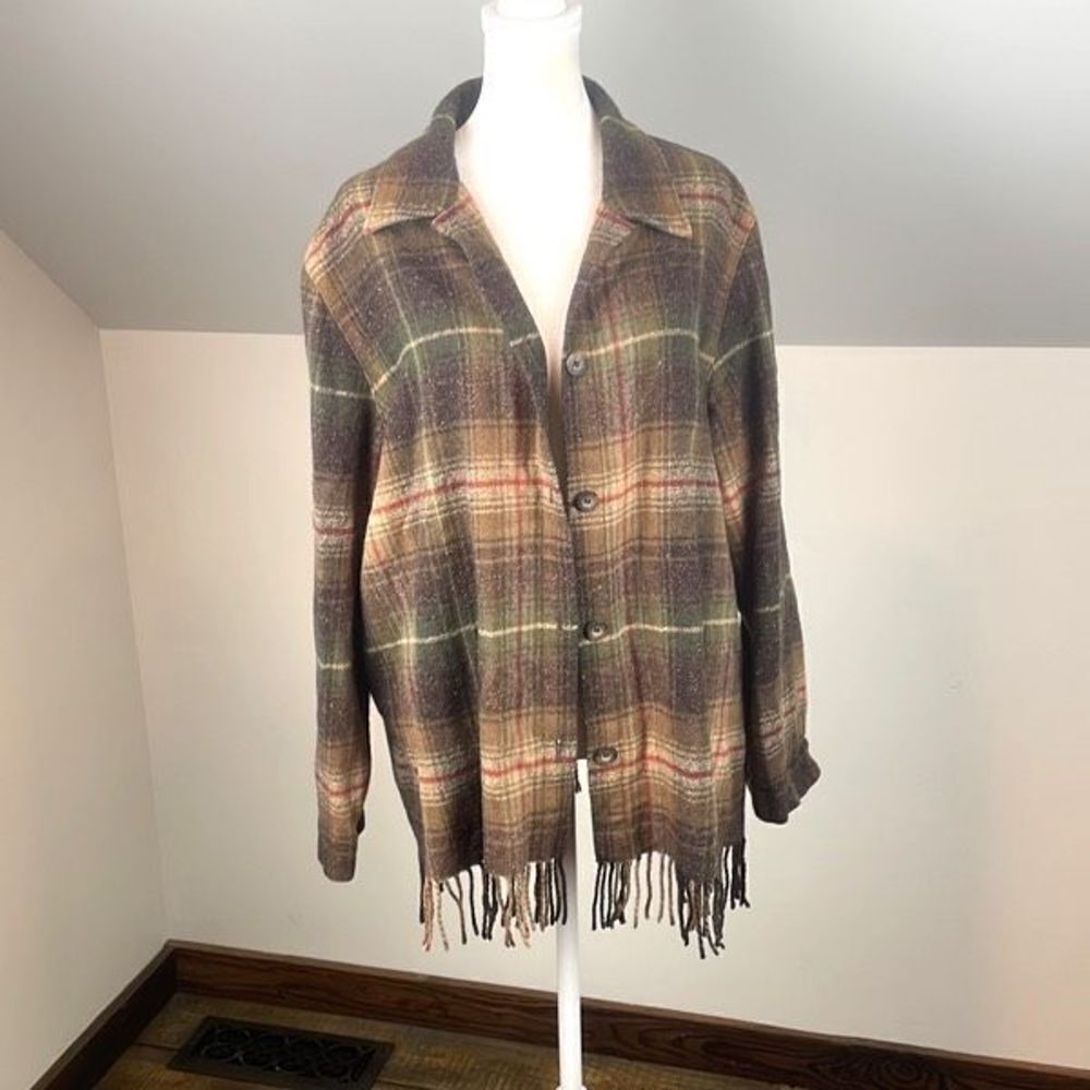 Norton Vintage Wool Blend Plaid Fringe Cardigan Size 16 Wide